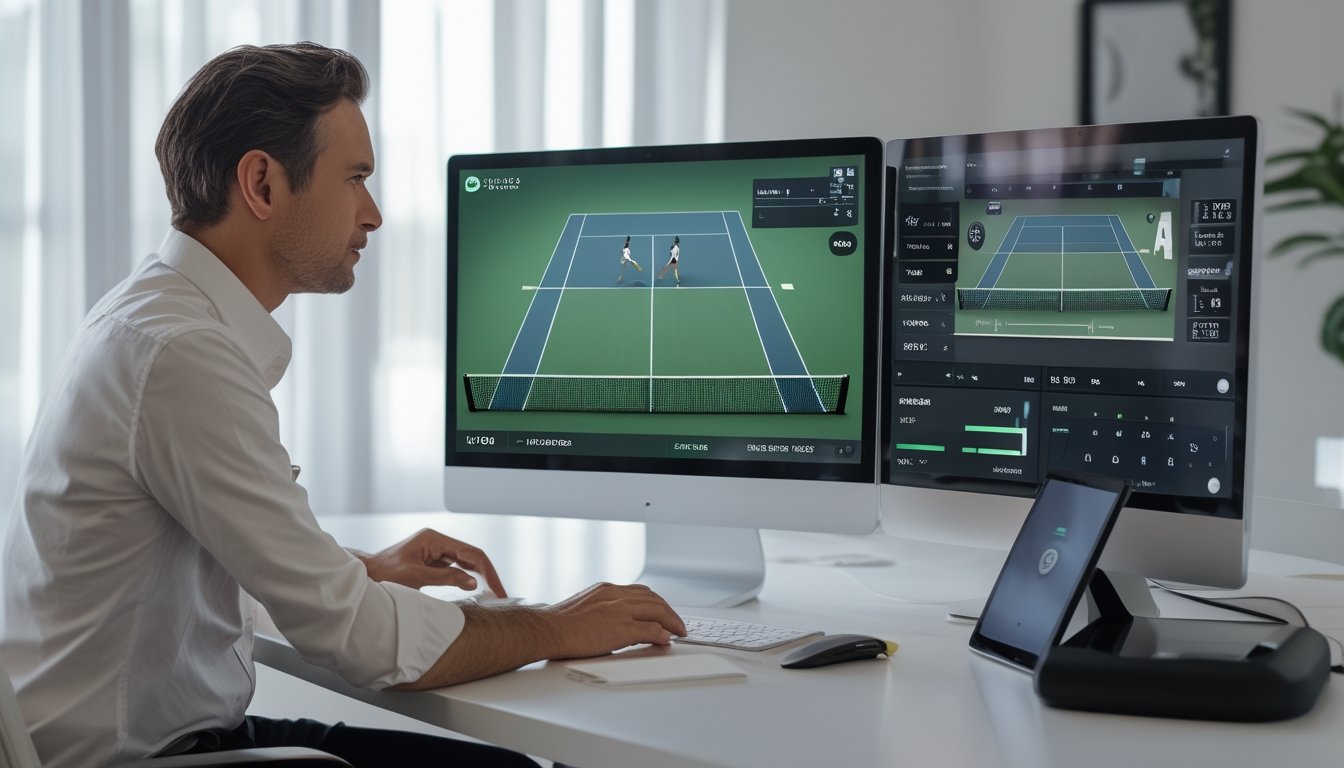 Seorang analis mengamati pertandingan tenis dan statistik di layar.