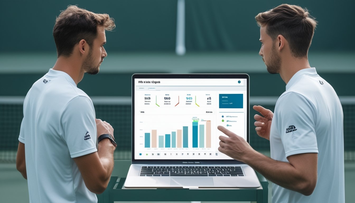 Dua pemain tenis bersiap bertanding di lapangan, dengan perangkat yang menampilkan grafik statistik.