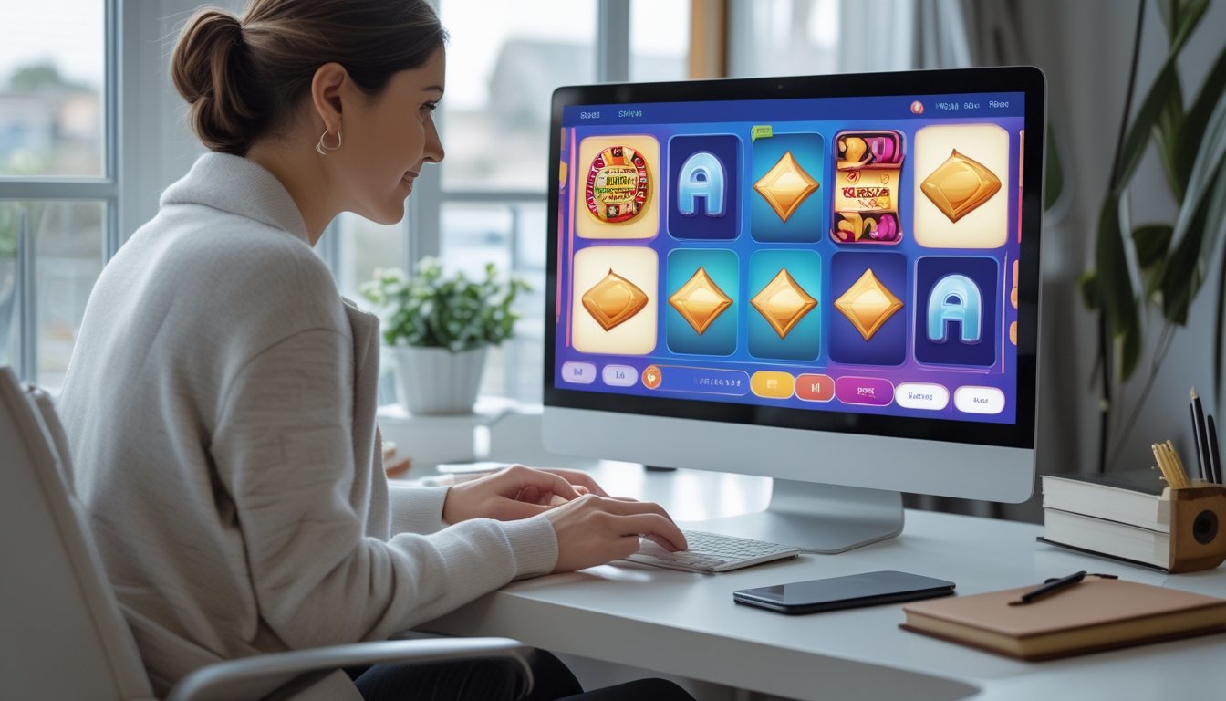 Seorang pemula mempelajari permainan slot daring melalui laptop di meja.