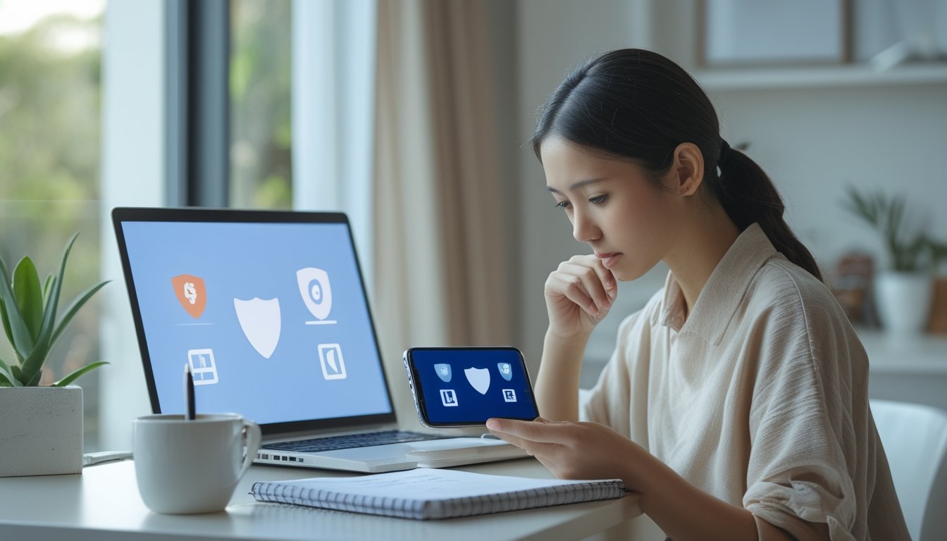 Seseorang memeriksa laptop dan ponsel di meja sebelum membuat akun online.