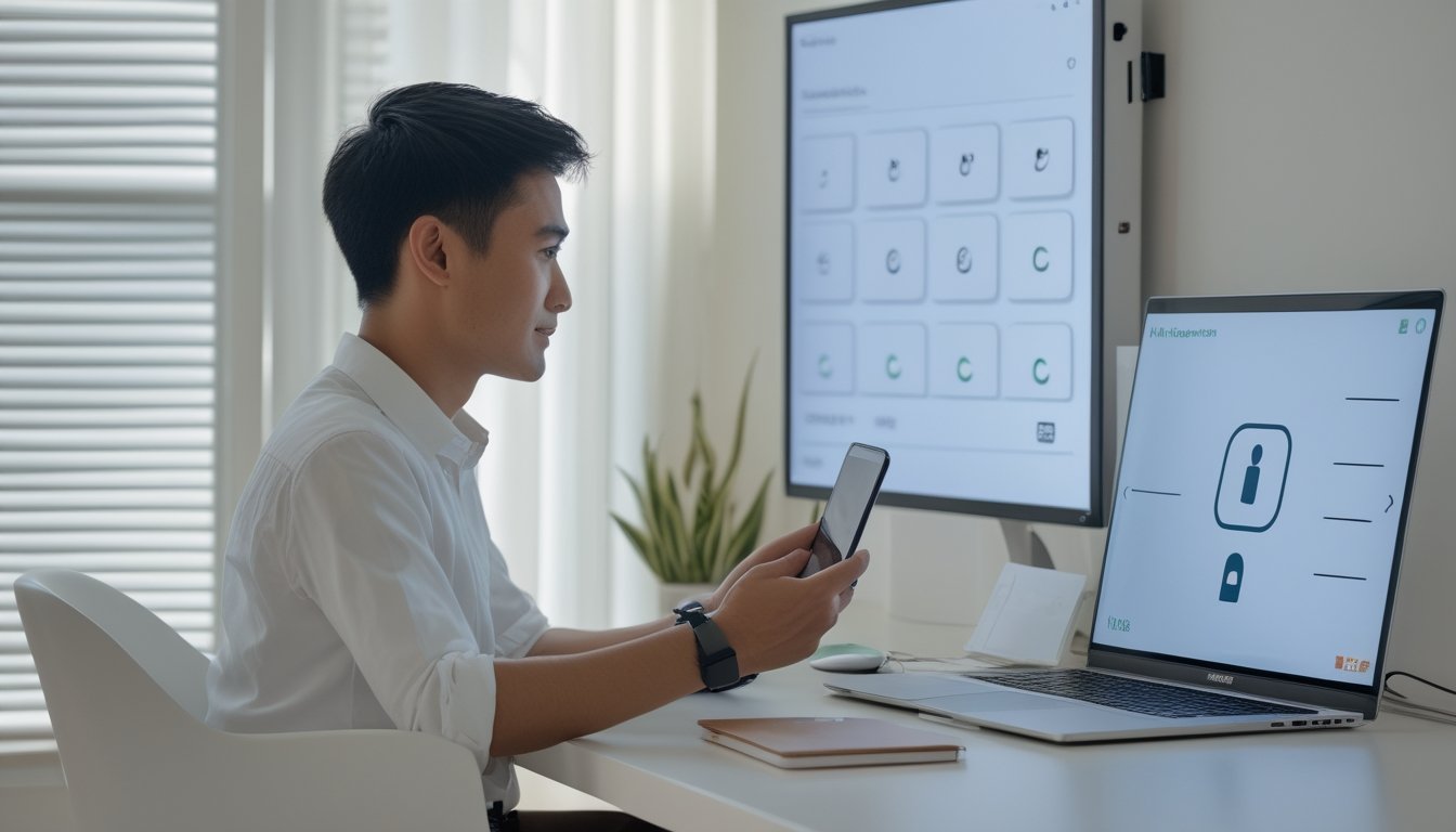 Seseorang menggunakan ponsel dan laptop di meja untuk mengelola transaksi akun online.