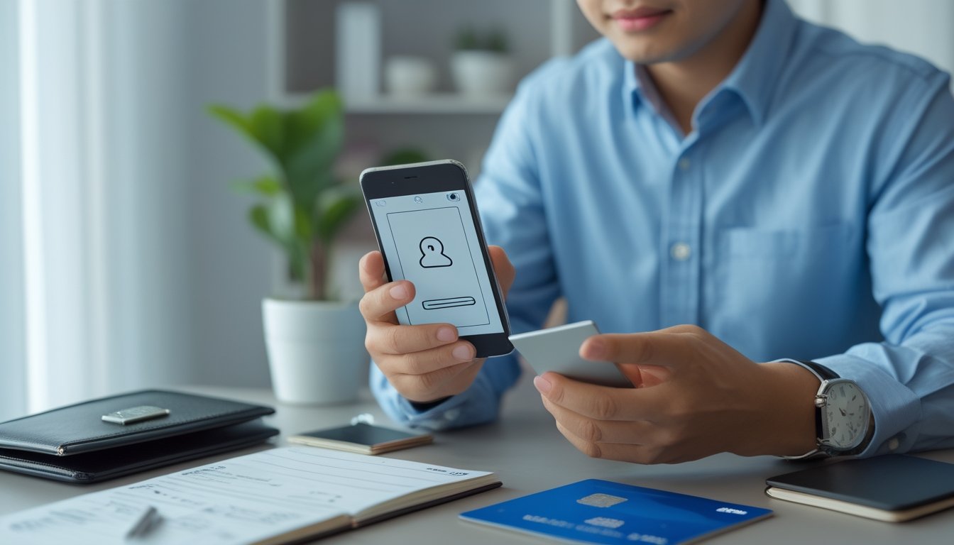 Seseorang memeriksa ponsel di meja dengan kartu bank, dompet, dan buku catatan.