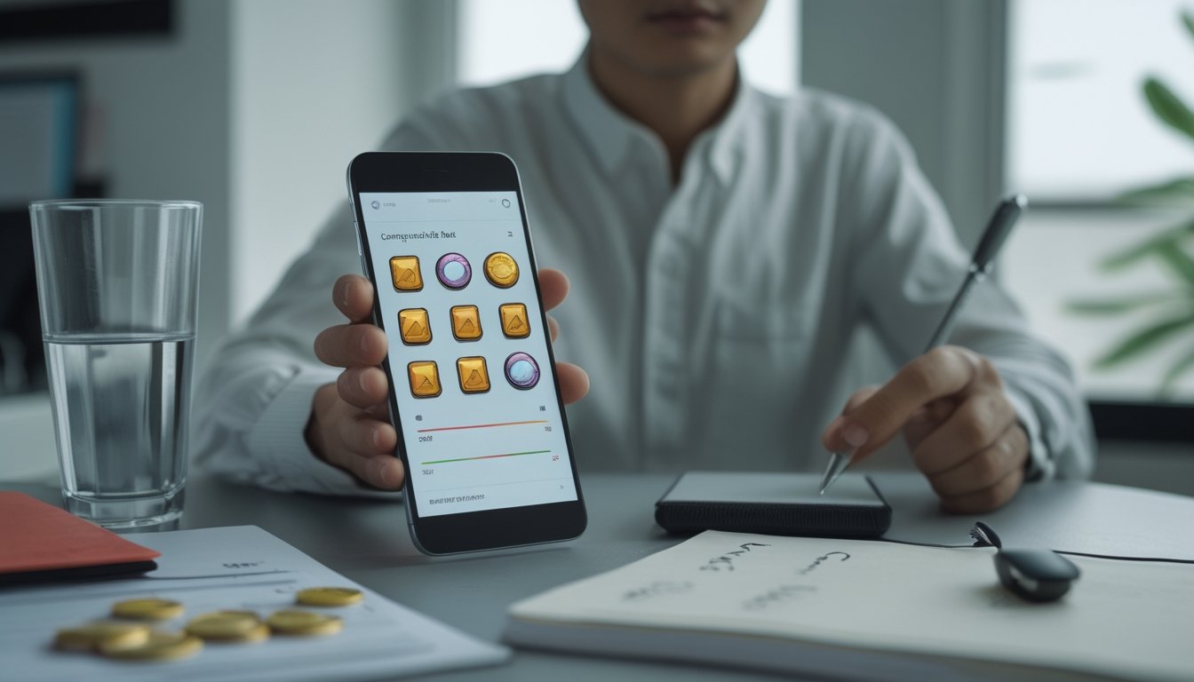 Seseorang memeriksa permainan slot di ponsel sambil membuat catatan di meja.