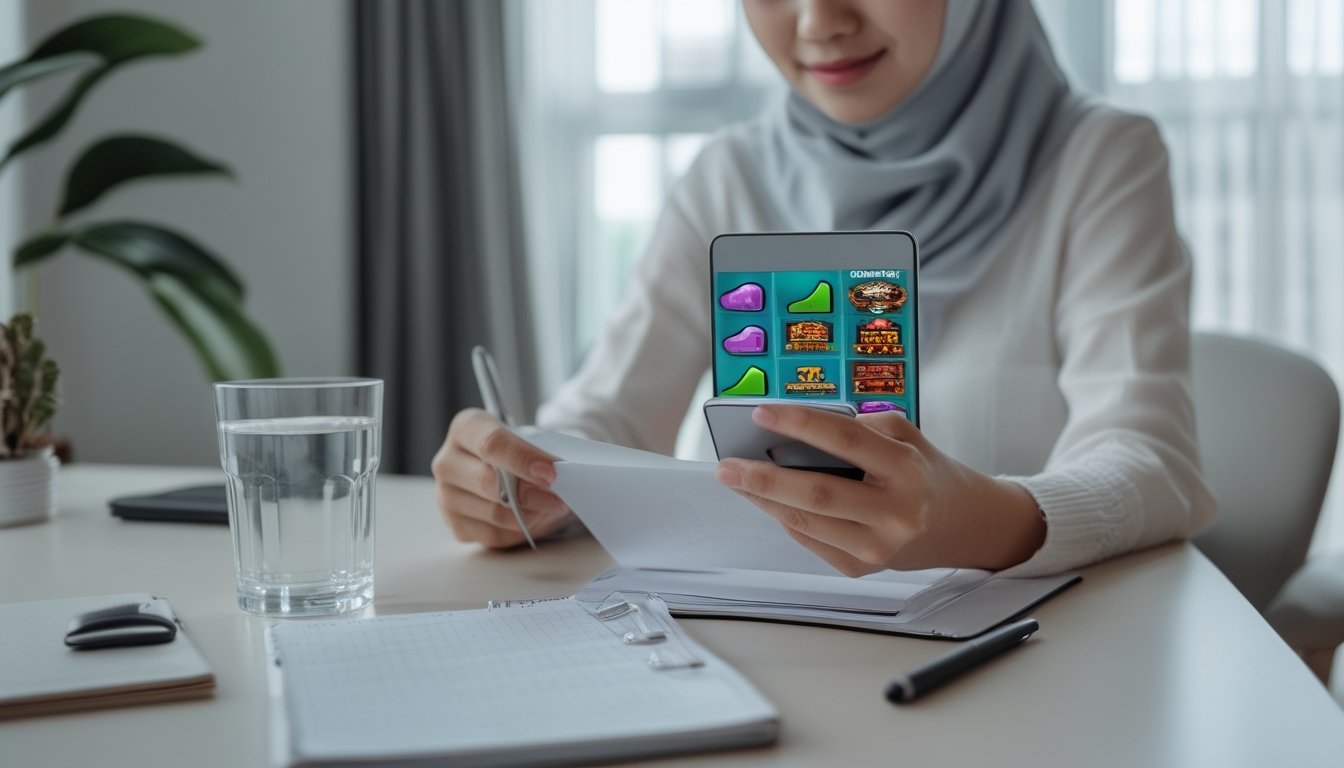 Seseorang memeriksa ponsel sambil meninjau catatan anggaran di meja.