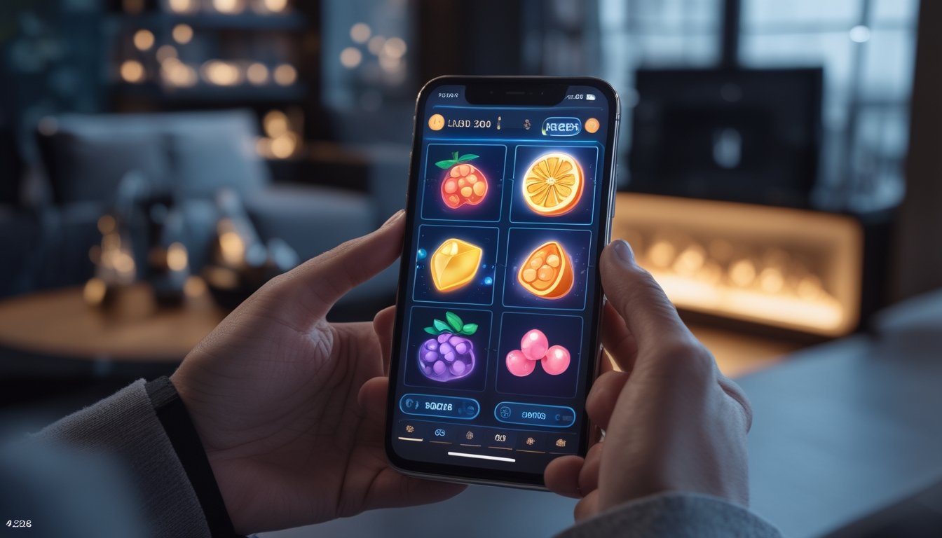 Seseorang memainkan game slot digital di ponsel dalam suasana santai.