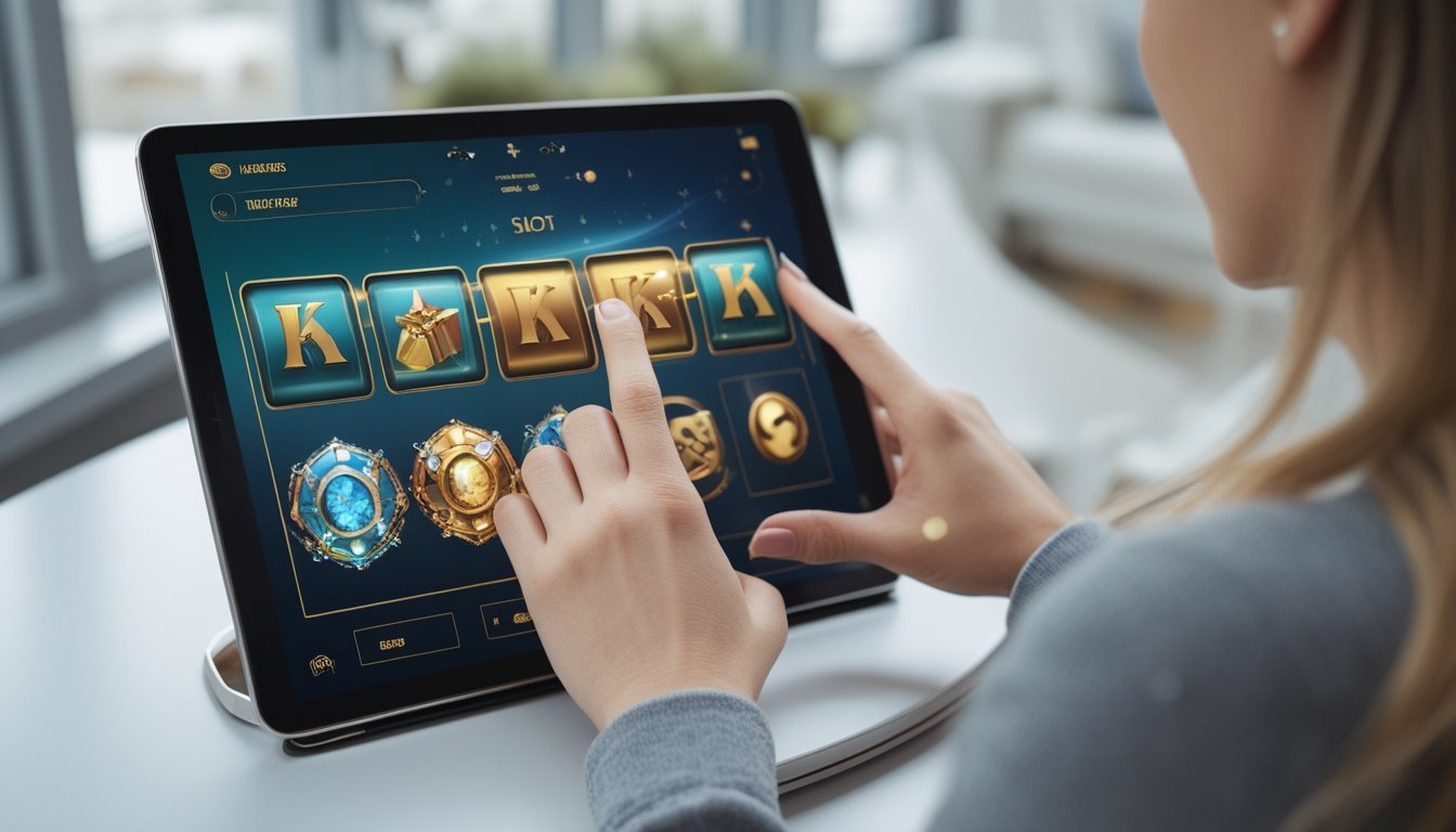 Seseorang menggunakan tablet dengan tampilan permainan slot berwarna-warni.