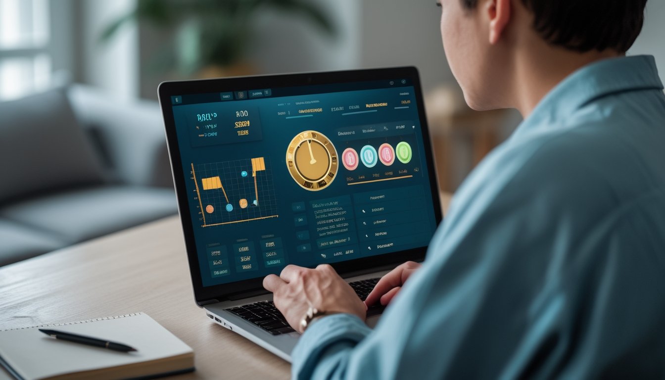 Seseorang mengamati tampilan permainan slot dan grafik di laptop.