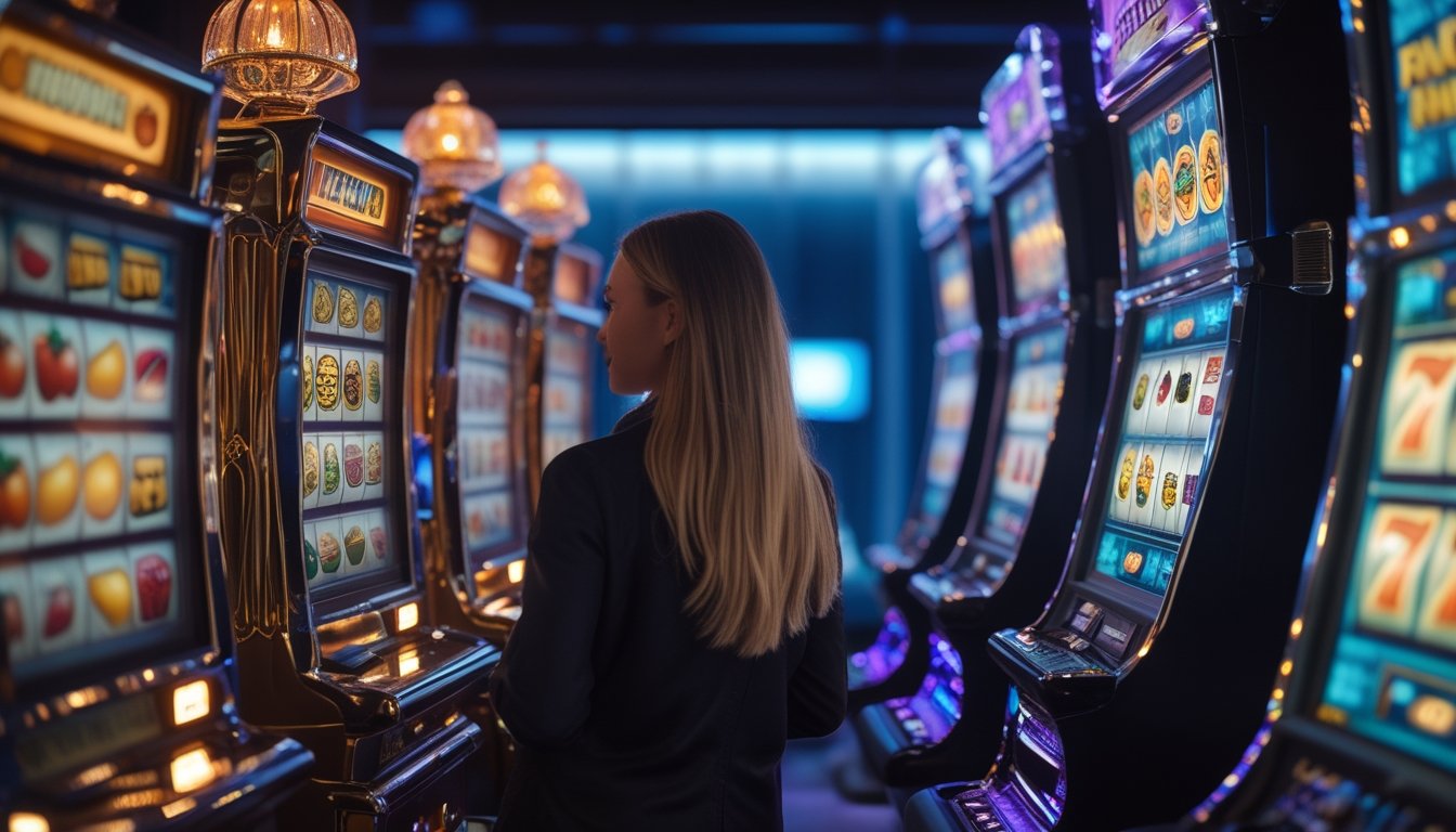 Seseorang membandingkan mesin slot bergaya klasik dengan layar permainan digital modern.
