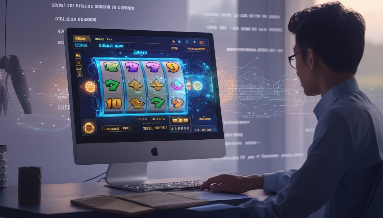 Seseorang mengamati permainan slot di monitor dengan ilustrasi pola data abstrak di sekelilingnya.