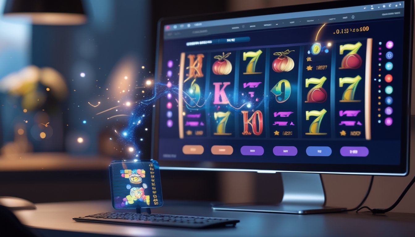Monitor menampilkan gulungan permainan slot yang berputar dengan visual partikel digital.