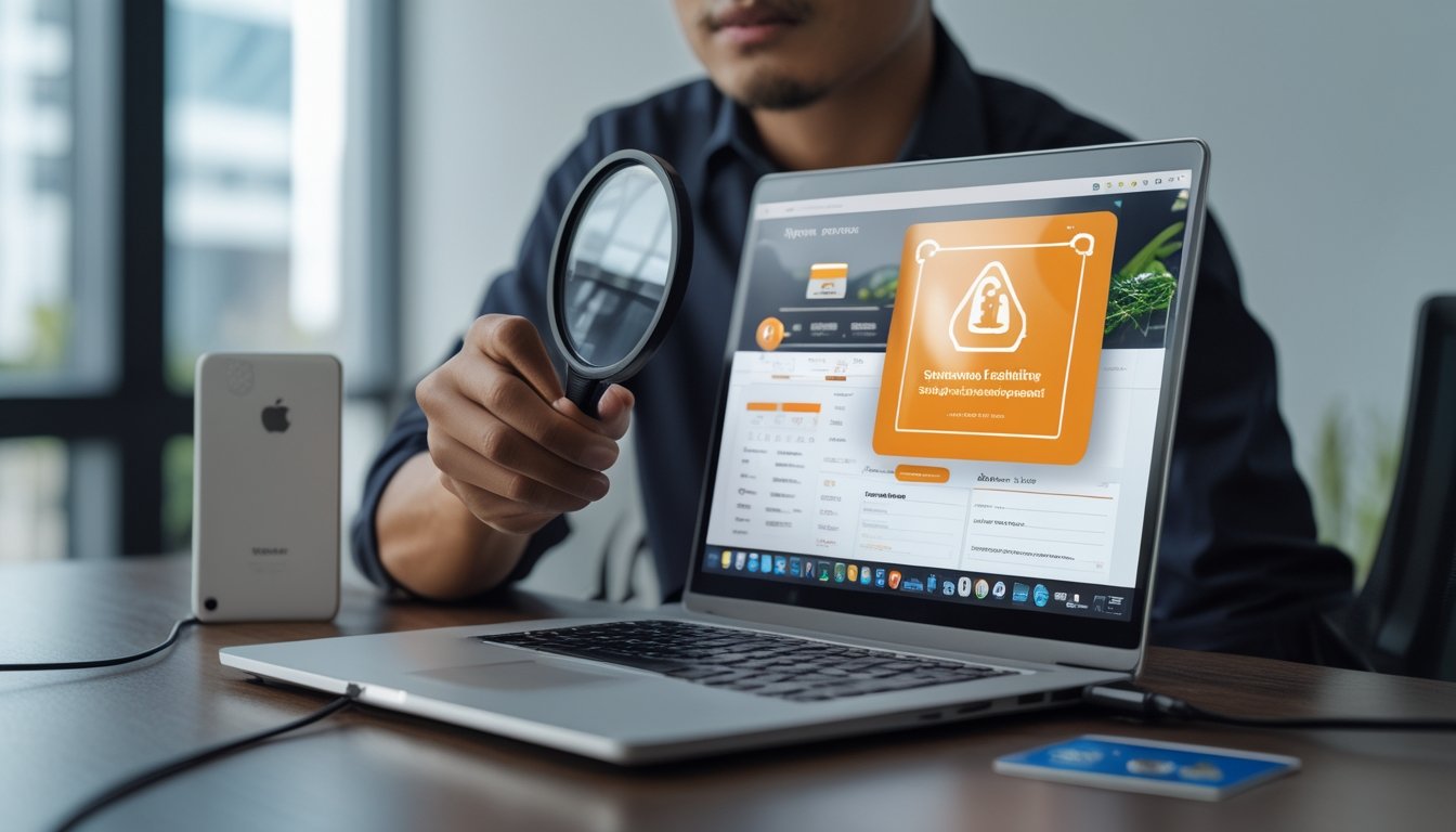 Seseorang memeriksa situs judi online yang mencurigakan di laptop dengan kaca pembesar.