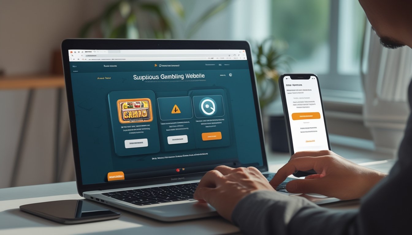 Seseorang memeriksa situs judi online mencurigakan di laptop dengan ponsel di sampingnya.
