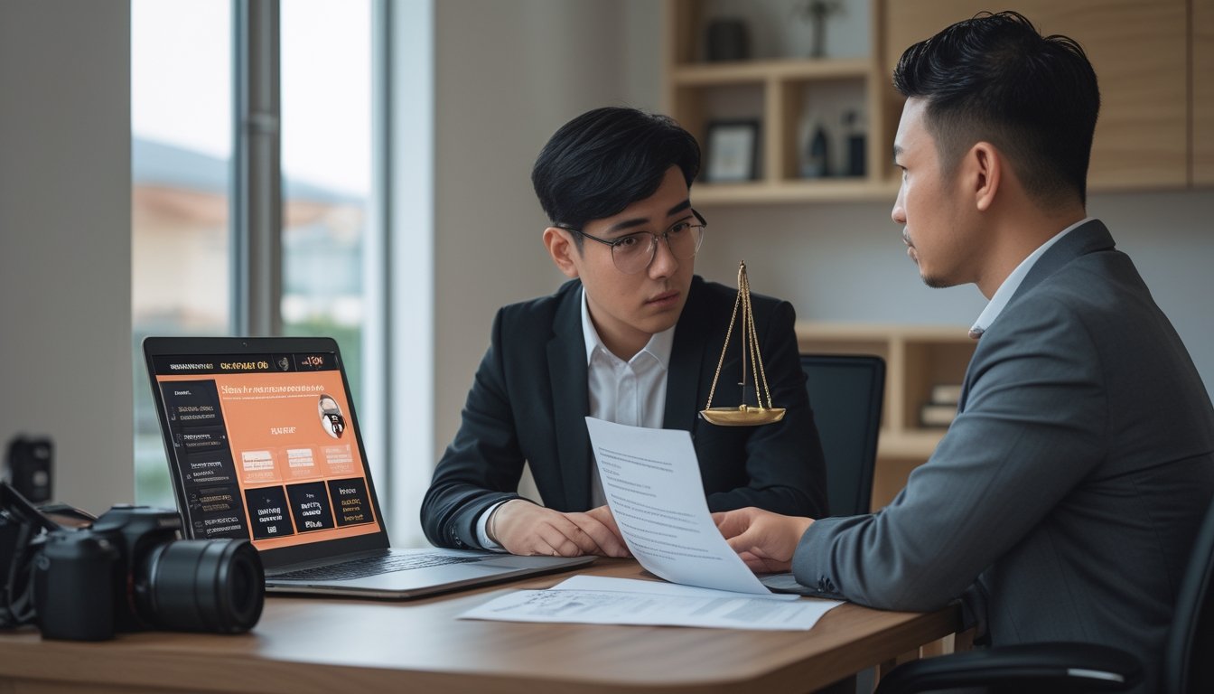 Seorang kreator konten membahas dokumen hukum bersama seorang profesional di dekat laptop.