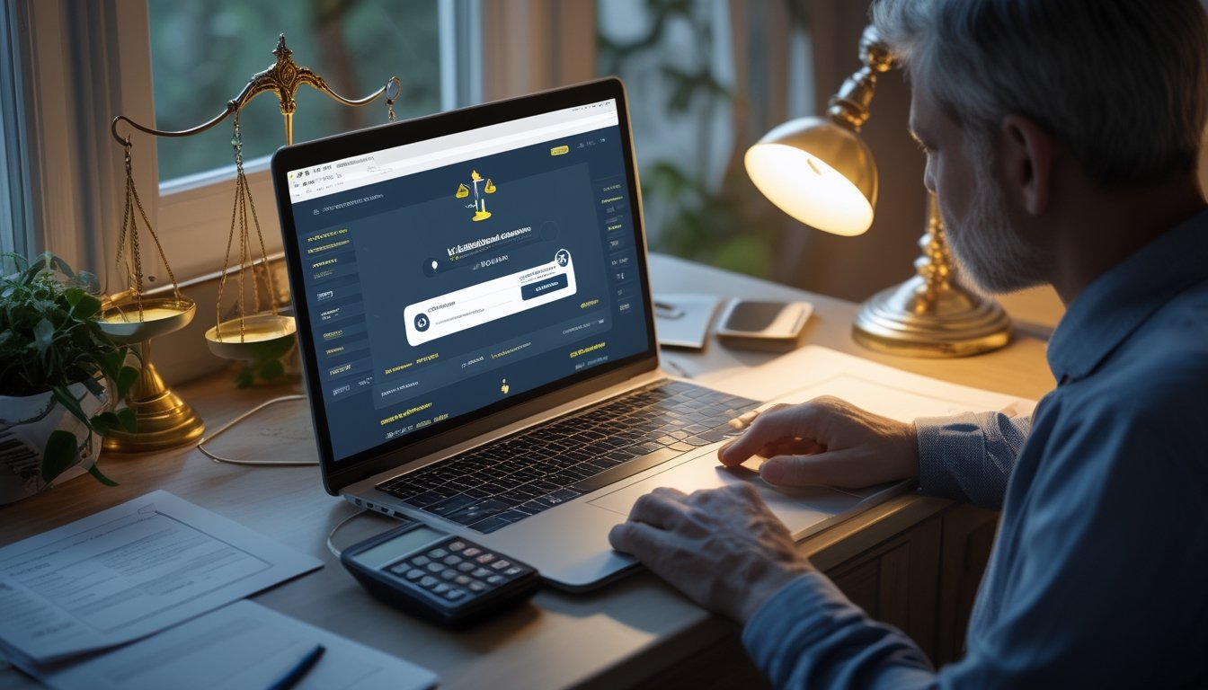 Seorang dewasa memeriksa laptop dengan ponsel dan dokumen di meja.