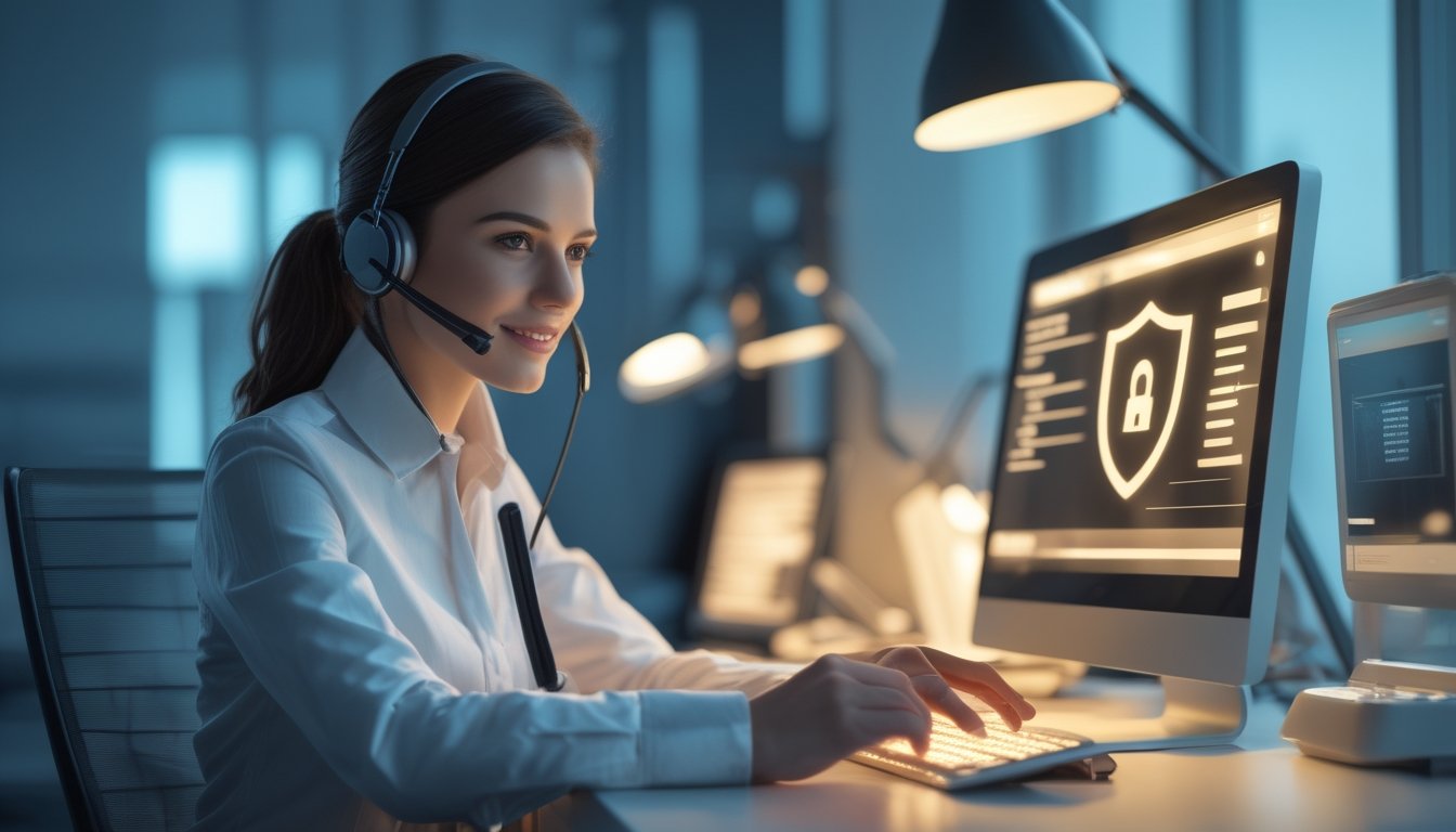 Petugas layanan pelanggan berkepala headset membantu pengguna melalui laptop dengan simbol keamanan.