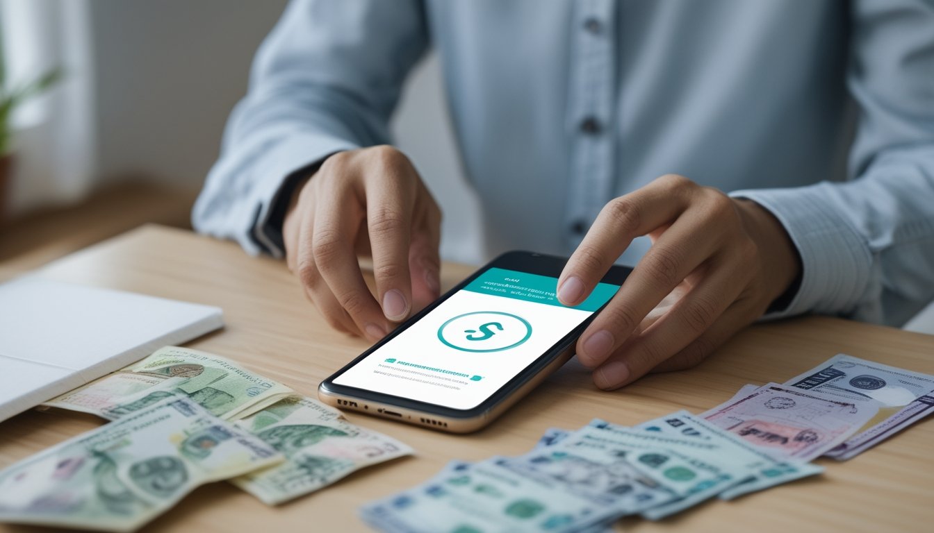 Seseorang menggunakan ponsel untuk melakukan pembayaran digital dengan uang rupiah di dekatnya.