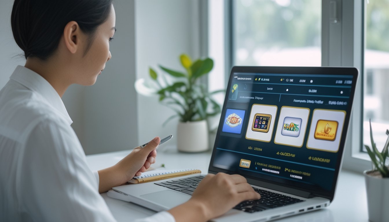 Seorang pemula mempelajari permainan slot melalui laptop dan ponsel di meja.