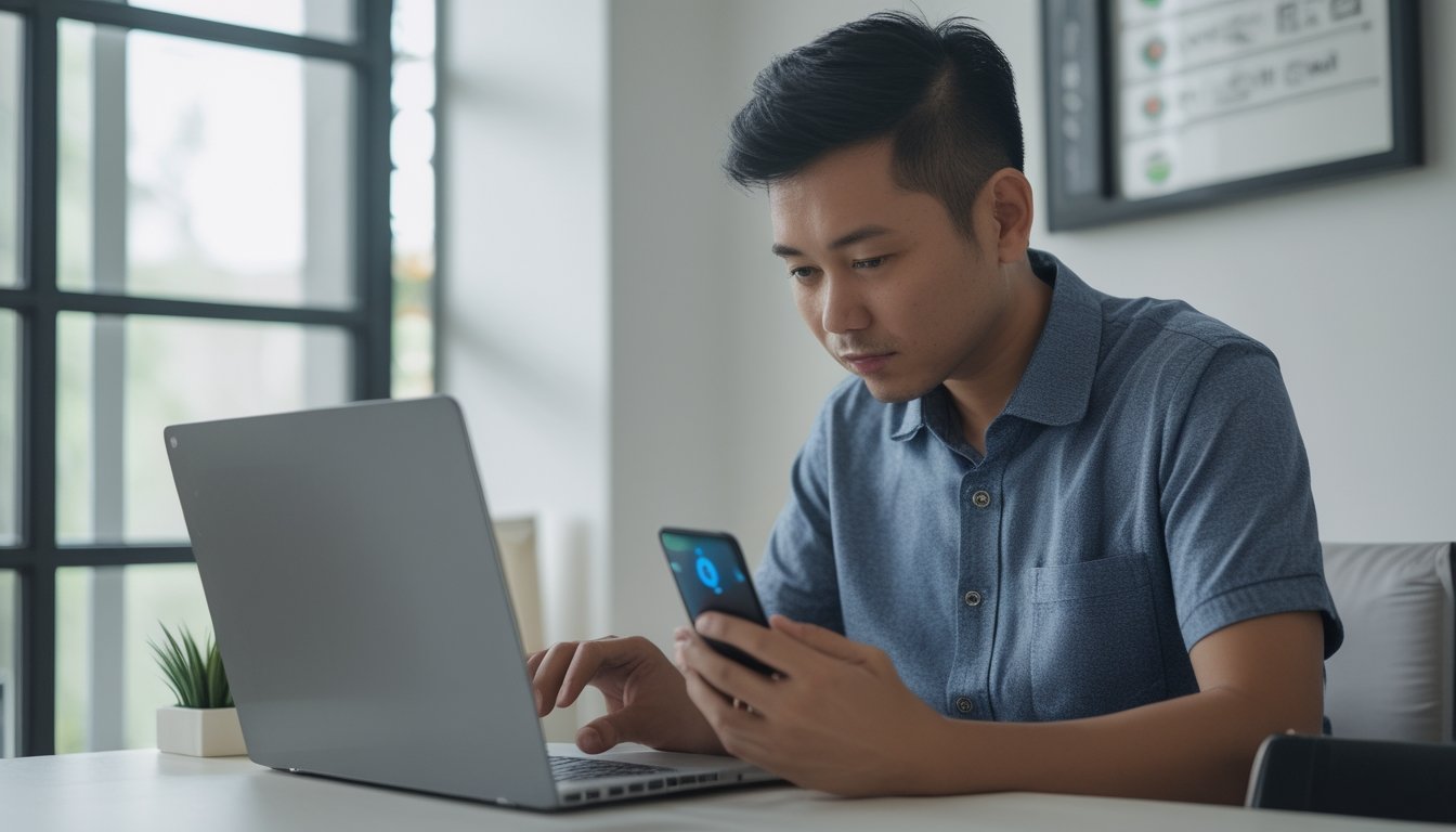 Seorang dewasa Indonesia memeriksa ponsel dan laptop dengan cermat di rumah.