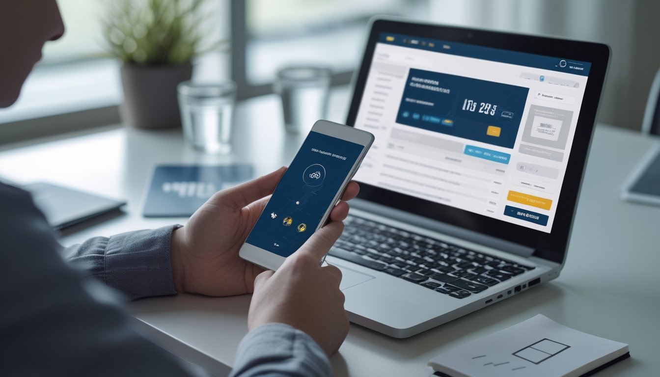 Seseorang memeriksa proses pembayaran melalui ponsel dan laptop di meja kerja.