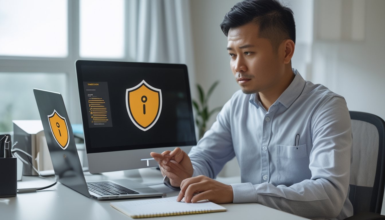 Seseorang memeriksa informasi situs di laptop sambil mencatat di meja.