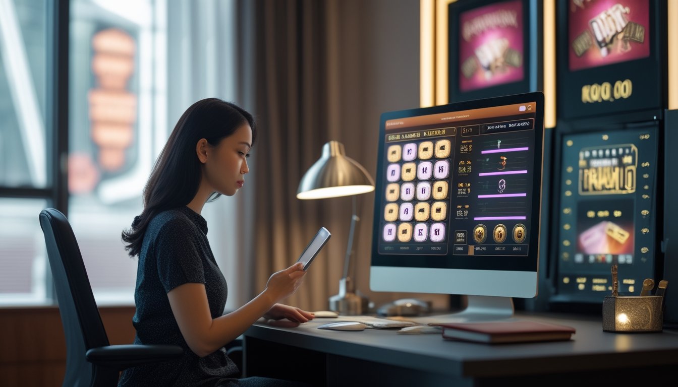 Seorang perempuan duduk di meja sambil melihat tablet dan layar permainan slot.