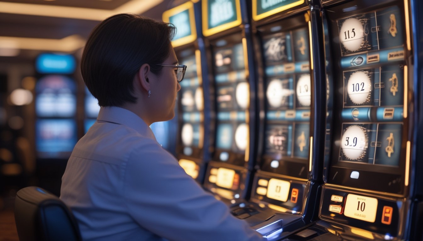 Seorang pemain mengamati mesin slot dengan simbol abstrak di dalam kasino.