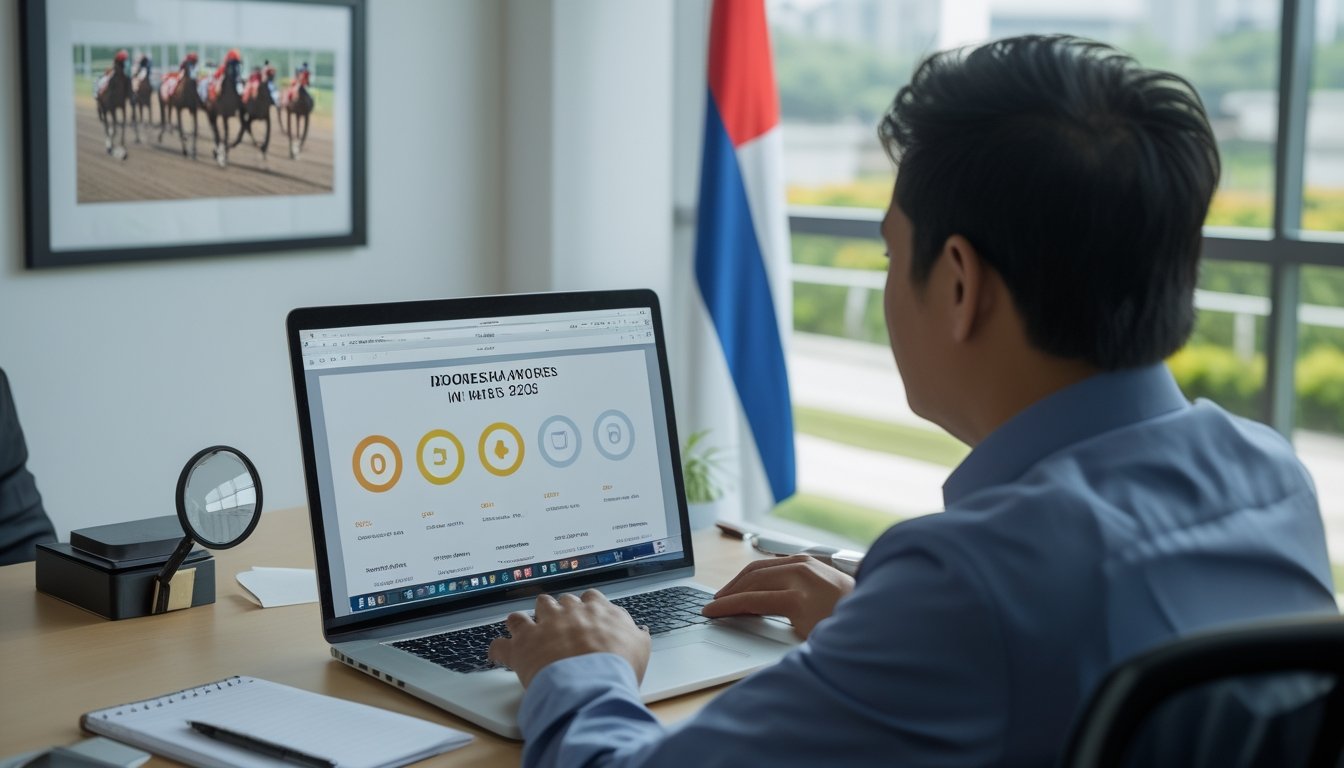 Seseorang meneliti situs taruhan balap kuda melalui laptop di sebuah kantor.