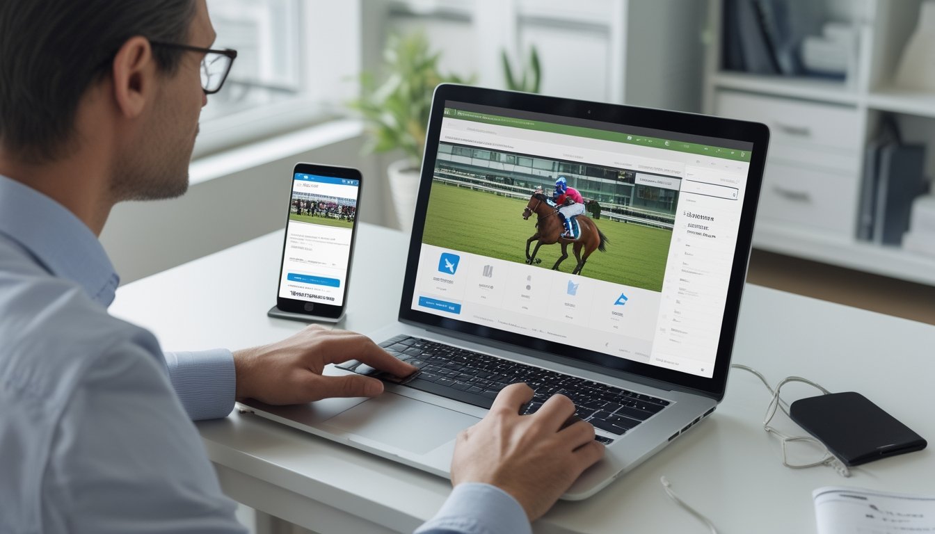 Seseorang memeriksa keamanan platform balap kuda di laptop dengan siaran langsung balapan.