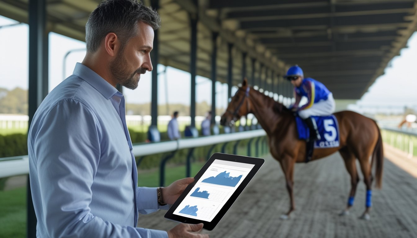 Seorang analis mengamati kuda dan joki sambil memeriksa tablet di arena pacuan.