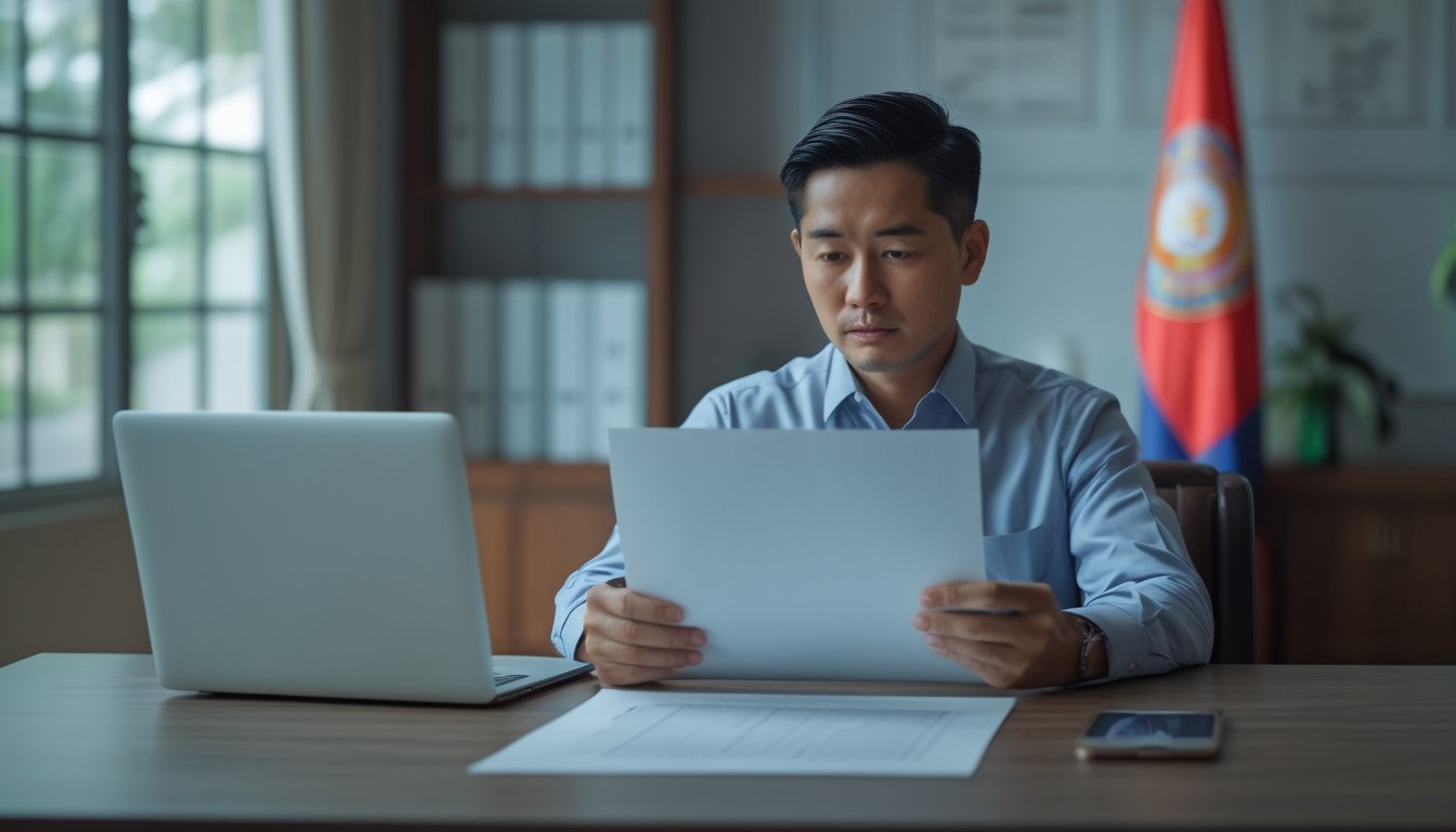 Seorang dewasa Indonesia memeriksa dokumen di meja dengan laptop dan ponsel di dekatnya.