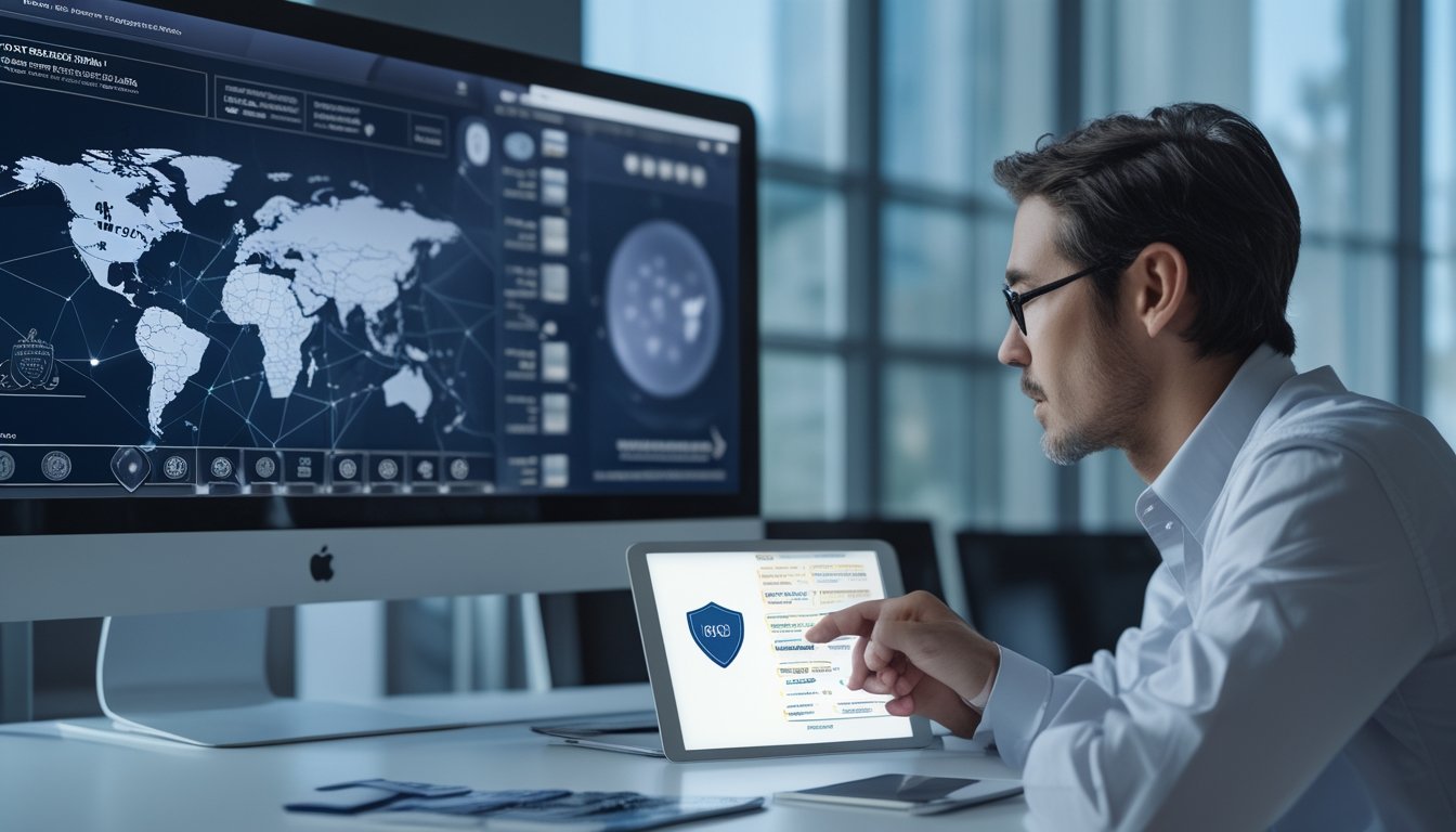 Seorang analis memeriksa peta dunia dan visualisasi data di meja kerja.