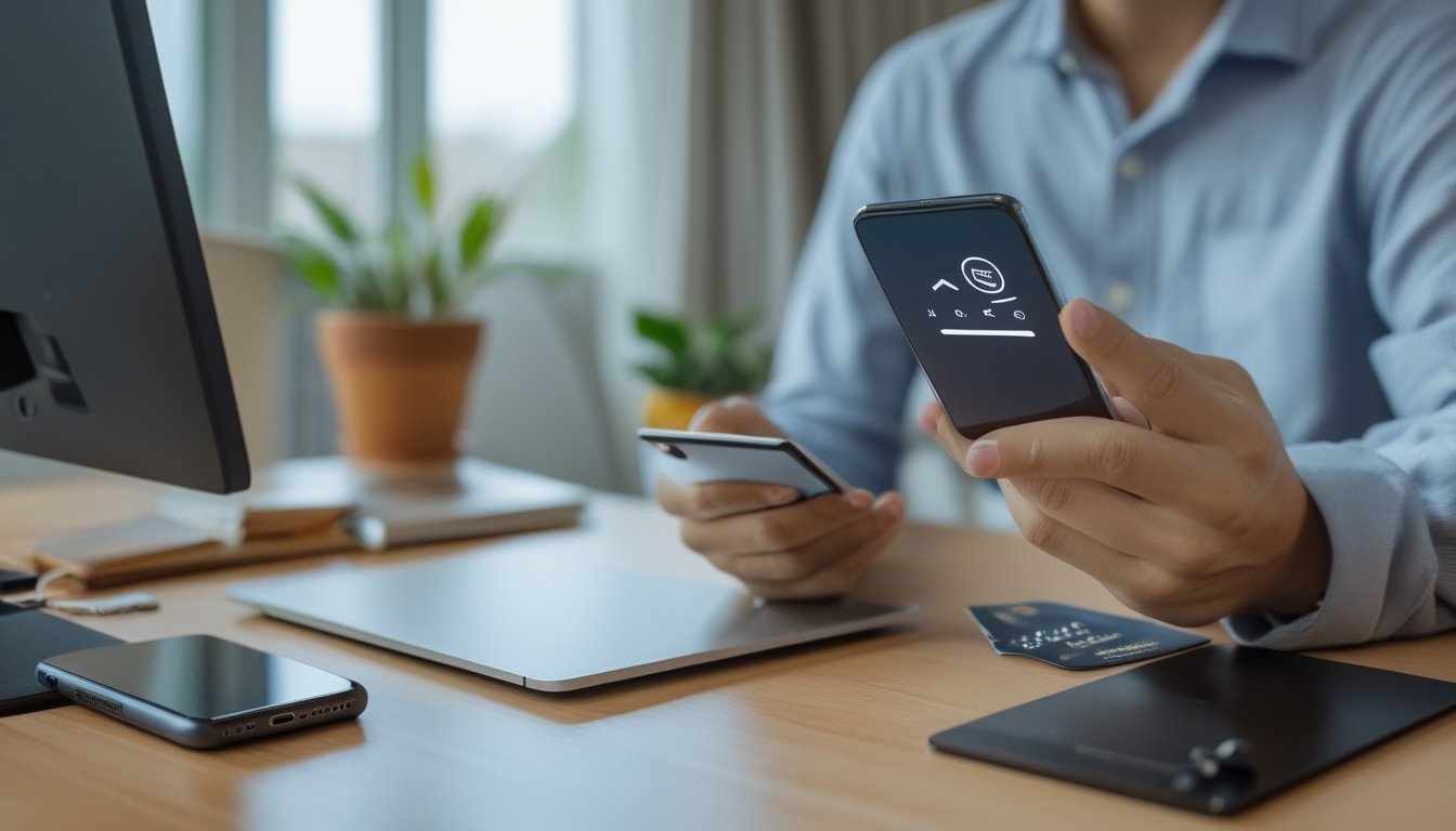 Seseorang menggunakan ponsel untuk melakukan pembayaran digital di meja.