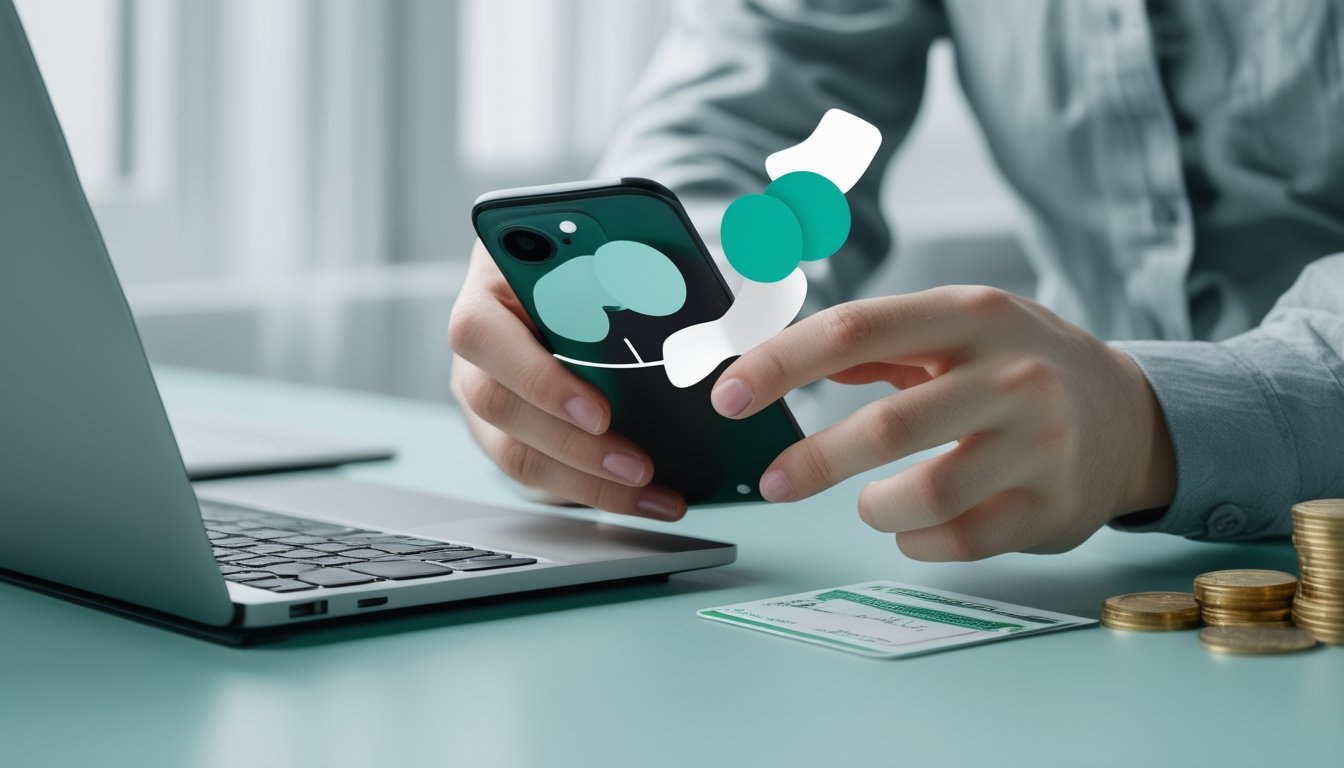 Seseorang menggunakan ponsel dengan ilustrasi dompet digital dan koin di atas meja.