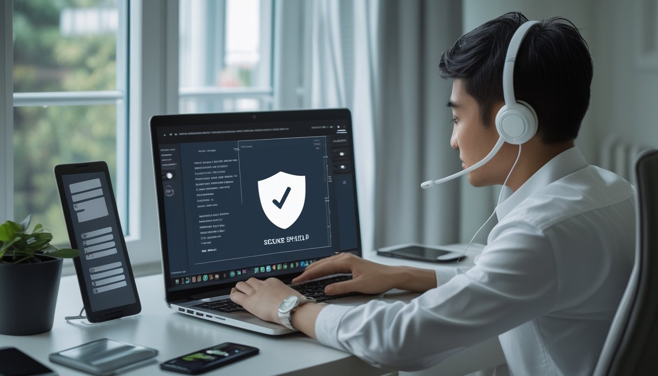 Seorang pengguna memeriksa situs di laptop sambil berbicara dengan layanan pelanggan melalui headset.