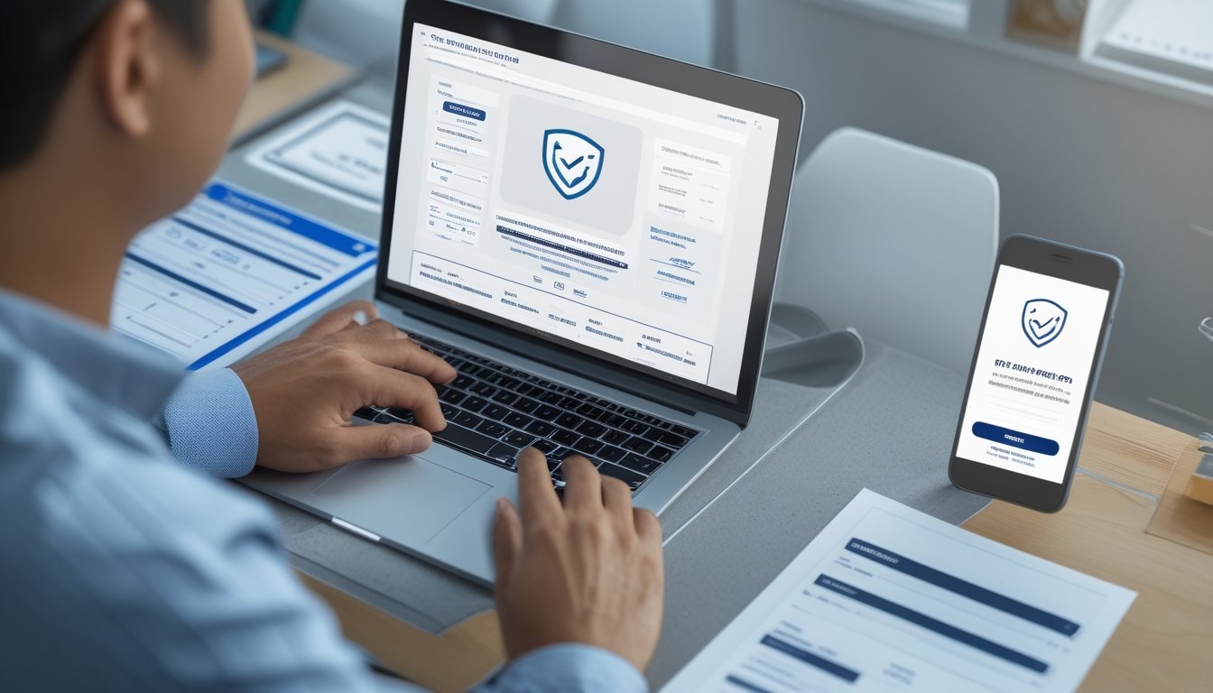 Seseorang memeriksa platform online di laptop sambil membandingkannya dengan dokumen verifikasi.