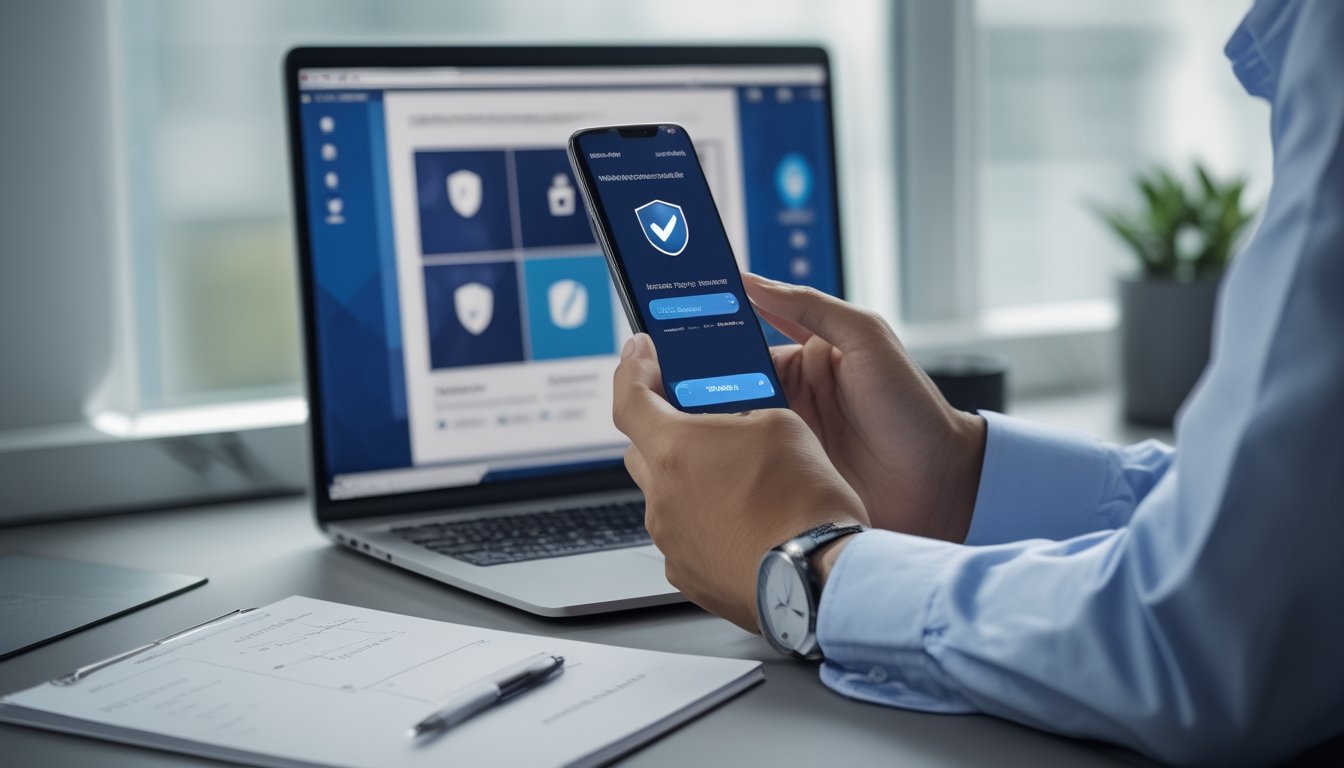 Seseorang memeriksa aplikasi di ponsel sambil membandingkannya dengan laptop dan daftar periksa.