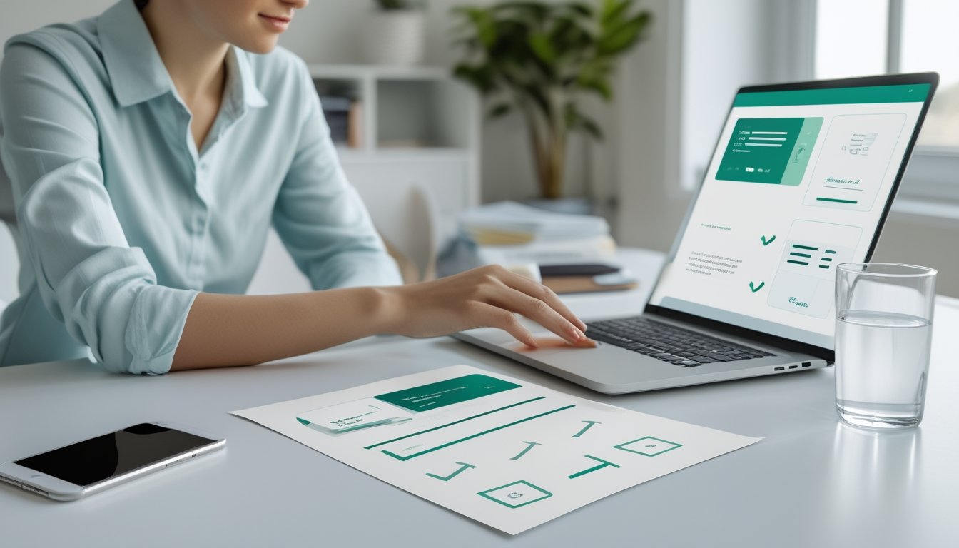 Seseorang meninjau penawaran digital di laptop dengan dokumen dan ponsel di atas meja.