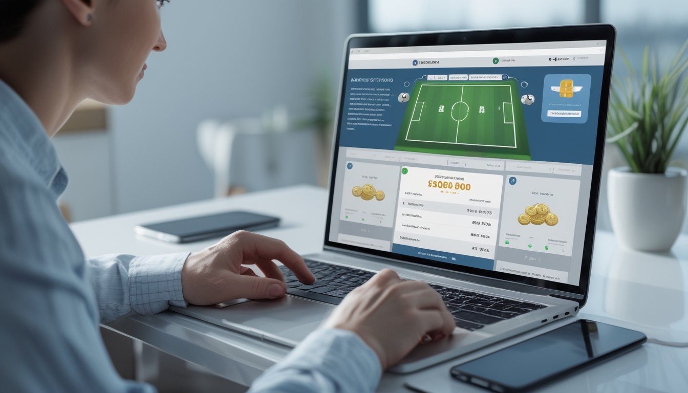 Seorang dewasa memeriksa penawaran promosi di laptop dengan ponsel di dekatnya.