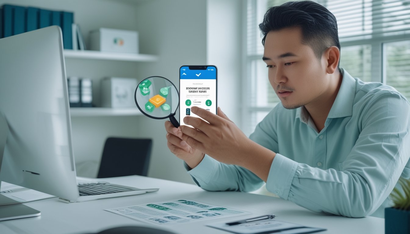 Seorang pria memeriksa penawaran promosi di ponsel sambil membandingkannya dengan daftar persyaratan.