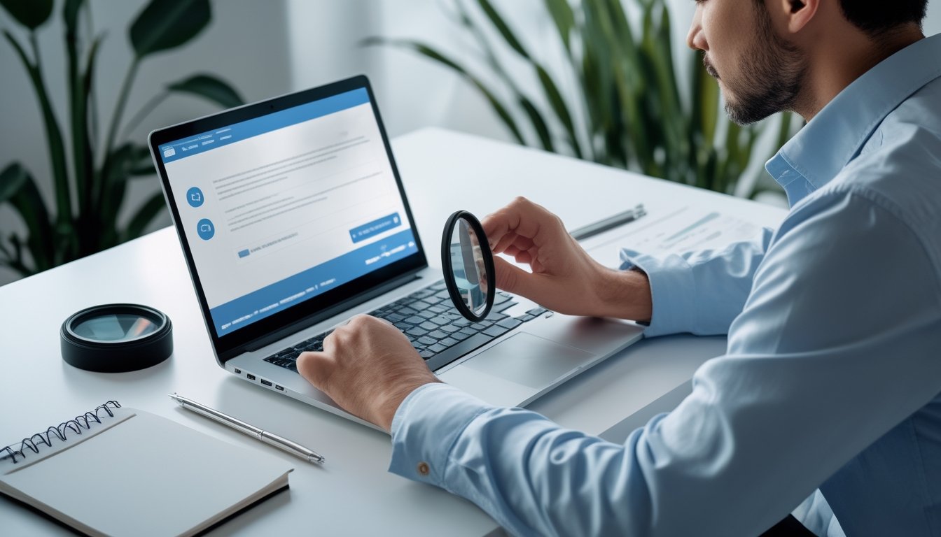 Seseorang memeriksa situs web di laptop dengan bantuan ponsel dan kaca pembesar.