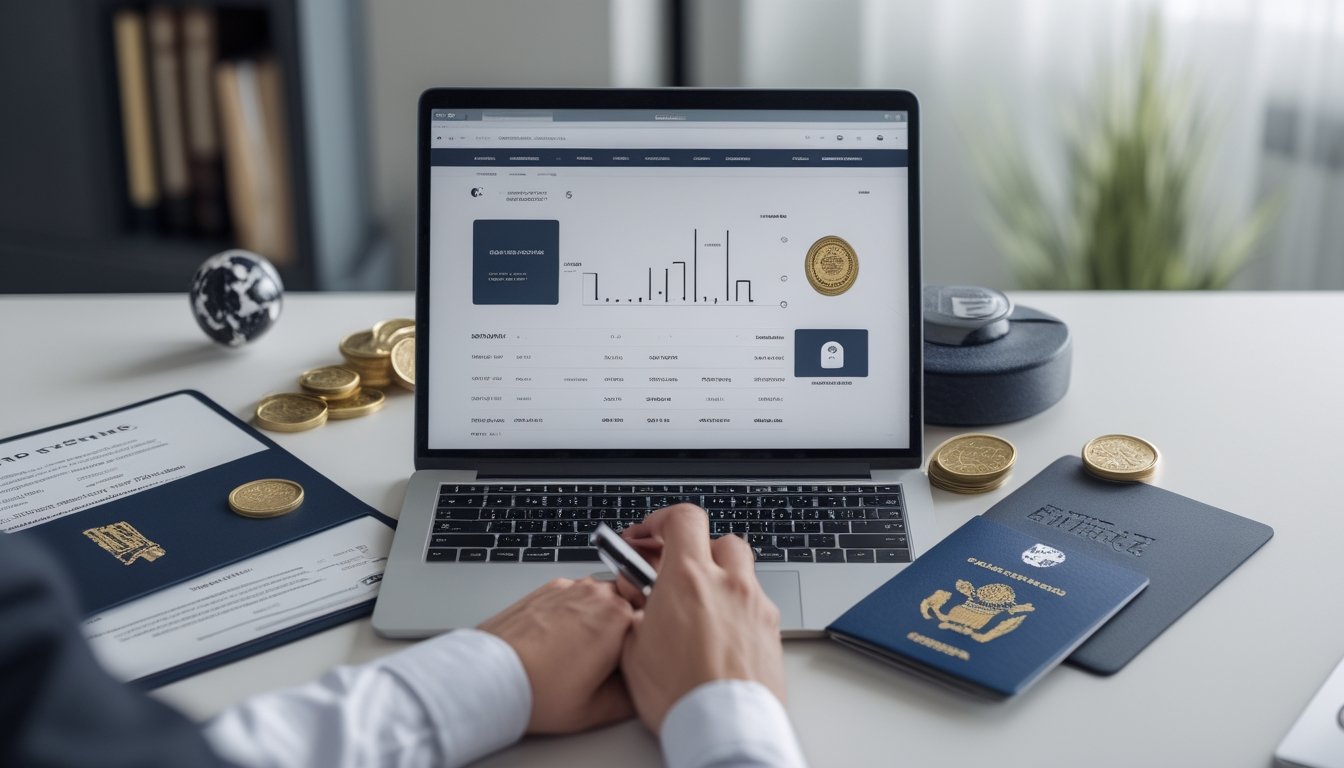 Seseorang memeriksa dokumen lisensi di meja kantor dengan laptop dan globe.
