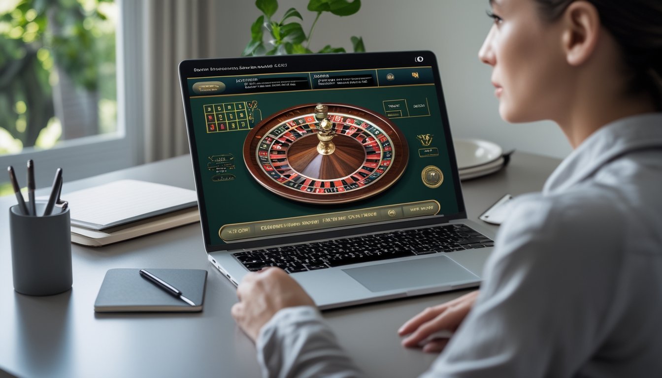 Seorang dewasa mempelajari permainan roulette di laptop dengan buku catatan di meja.