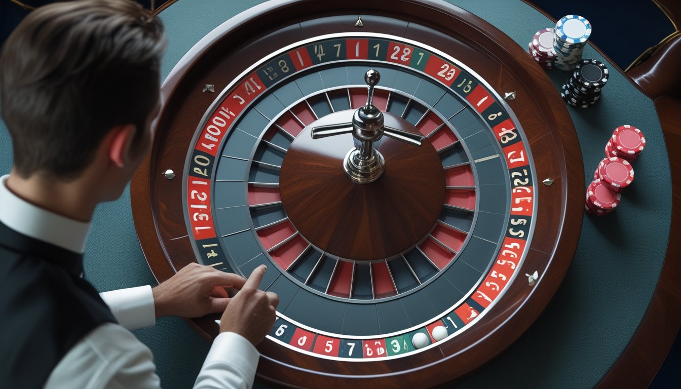 Seorang croupier menjelaskan roda dan meja roulette kepada seorang pemula.