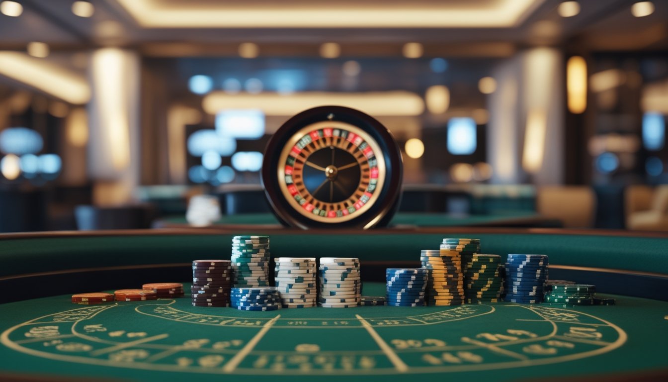 Roda roulette dan keping kasino di atas meja hijau.