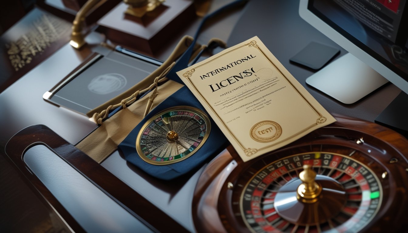 Laptop dengan tampilan roulette berada di samping roda roulette dan dokumen bersegel.