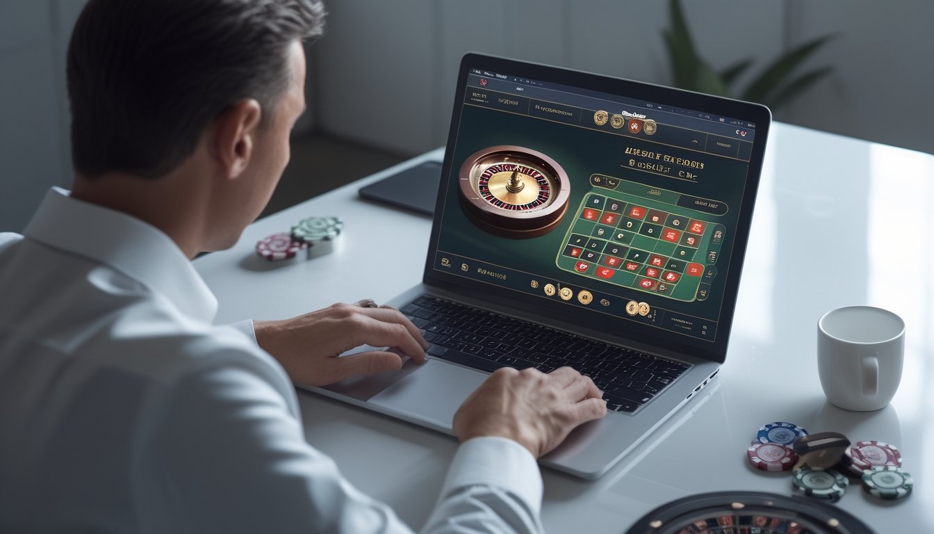 Seseorang menggunakan laptop dengan tampilan permainan roulette dan beberapa keping taruhan di meja.