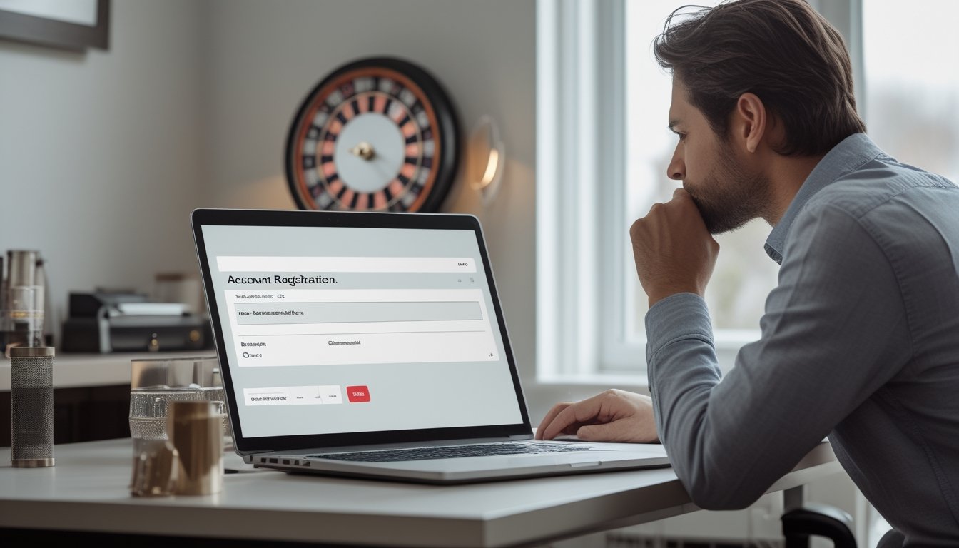 Seseorang memeriksa formulir pendaftaran di laptop dengan roda roulette di latar belakang.