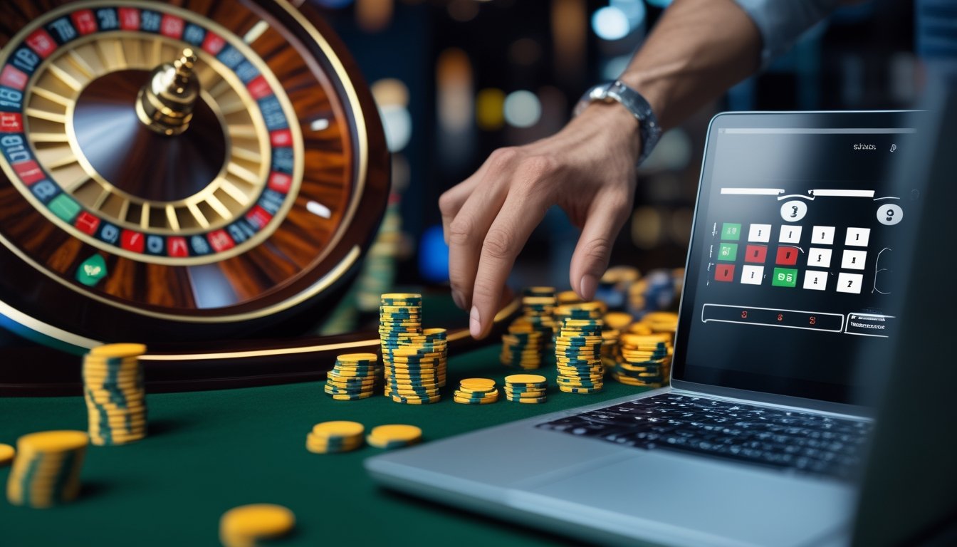 Seorang pemain mengamati roda roulette dan susunan keping taruhan di samping perangkat digital.