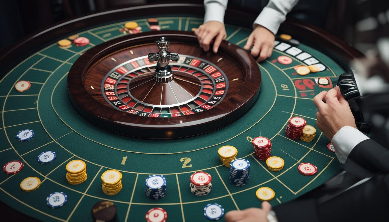 Keping taruhan tersusun dalam pola di dekat roda roulette.