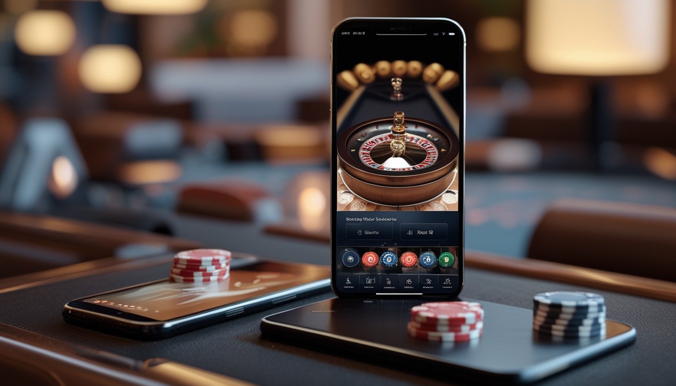 Ponsel menampilkan permainan roulette di atas meja dengan beberapa keping taruhan.